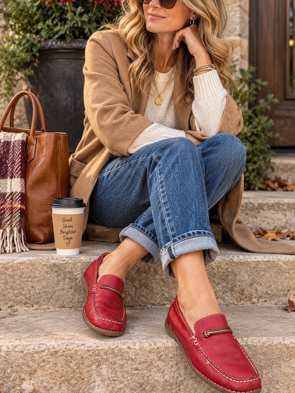 Born Red Leather Slip-On Loafers with Brass Bit